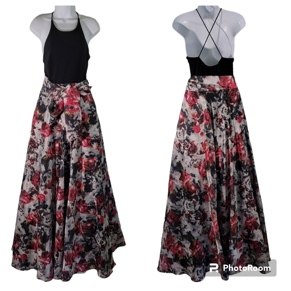 Blondie Nites By Stacy Sklar Women's Black/Pink Floral Cocktail Maxi Dress Sz 5